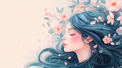 A serene illustration of a woman with long blue hair surrounded by blooming flowers, capturing the essence of tranquility and nature's beauty.