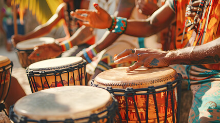 A vibrant drum circle featuring a diverse community creating energetic rhythms, people enjoying drumming musician