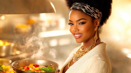 Smiling woman cooking vegetables in kitchen, embracing culinary arts and healthy eating. African American chef preparing fresh and colorful meal with passion for food and nutrition