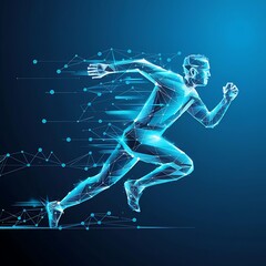 Fototapeta premium Abstract running man form lines and triangles, point connecting network on blue background. Illustration vector