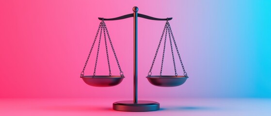 Black balance scales on colorful background representing justice and fairness.