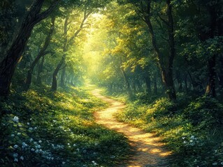 Enchanted Forest Path: A Luminous Journey Through Nature's Verdant Cathedral Bathed in Golden Sunlight and Ethereal Mystery
