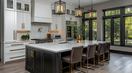 Modern kitchen with elegant design and spacious island seating.
