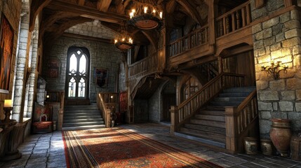 Obraz premium Medieval Castle Interior Hallway