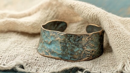 A textured bronze cuff bracelet with an oxidized patina, resting on a linen cloth for an artisanal look