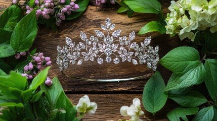 A tiara with a nature-inspired design, placed on a wooden surface surrounded by leaves and flowers for a fresh look.