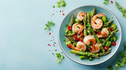 Asparagus and shrimp stir-fry, isolated on a pale blue background with subtle floral decorative patterns