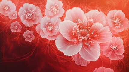 Beautiful pink flowers with intricate petals against a soft red background, creating a serene and vibrant floral design.