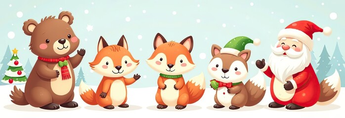 Fototapeta premium Christmas collection with cute animals: bear, fox, squirrel, bird, Santa Claus, Snowman and christmas decorative elements 