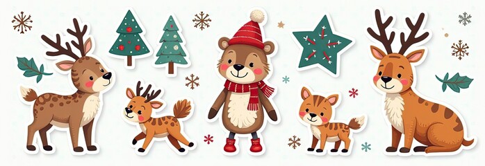 Fototapeta premium Christmas collection with cute animals: bear, fox, squirrel, bird, Santa Claus, Snowman and christmas decorative elements 