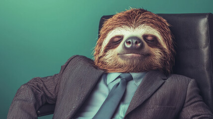 A sloth in a suit, A humorous sloth in a business suit, lounging confidently in a chair. Perfect for playful illustrations in corporate settings.