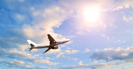 Flying airplane, travel background with airplane flying in the sky - airplane background, concept of air travel