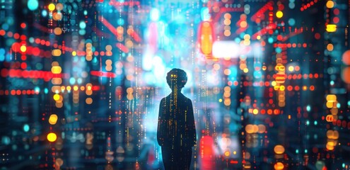 Silhouette of person amidst vibrant neon city lights and digital code