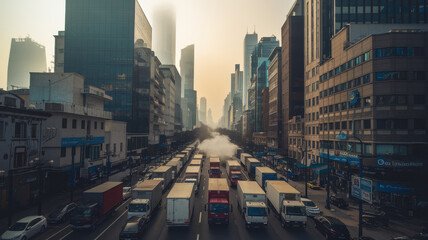 bustling city center with heavy traffic and tall buildings creates dynamic urban scene