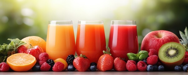 Colorful fruit juices with fresh fruits