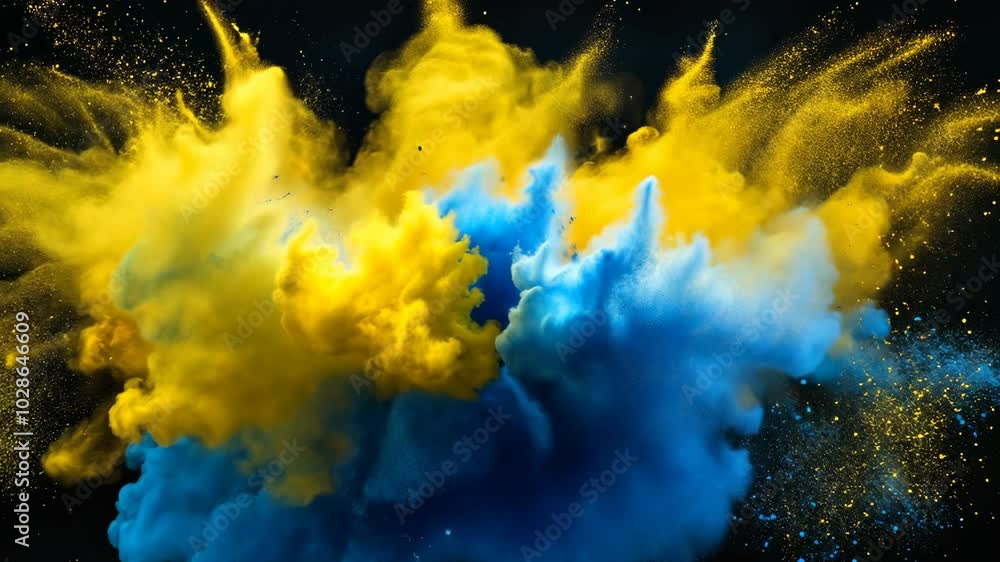 Poster yellow and blue powder explode against a black background, creating a dynamic and colorful image