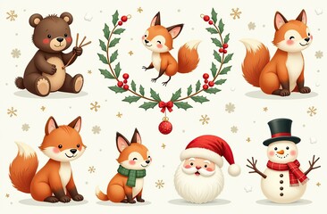 Fototapeta premium Christmas collection with cute animals: bear, fox, squirrel, bird, Santa Claus, Snowman and christmas decorative elements 