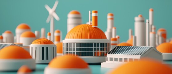 Fototapeta premium Colorful miniature industrial landscape with orange domes and green background showcasing factories and renewable energy.