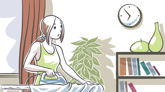 jeune femme faisant du repassage et regarde l'heure