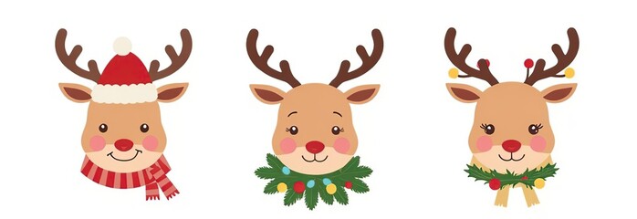 Set of cute reindeer head isolated on white background. Funny Simple flat vector illustration christmas reindeer in hat and garland with light bulbs 