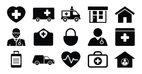 Set of Healthcare and Medicare Service Icons - Ambulance, Heartbeat, and Medical Assistance Symbols