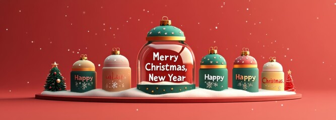 Festive Christmas and New Year display with decorated gift boxes and snowy glass jar, conveying holiday joy