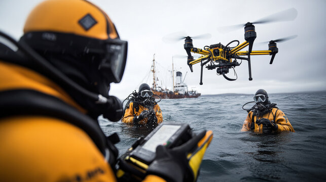 Diverse team of divers using underwater drones for exploration and research