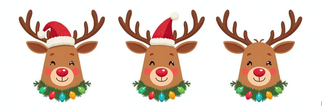Set of cute reindeer head isolated on white background. Funny Simple flat vector illustration christmas reindeer in hat and garland with light bulbs 