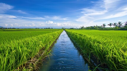 Obraz premium A tranquil irrigation canal cutting through verdant rice paddies under a clear blue sky.
