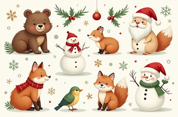 Fototapeta premium Christmas collection with cute animals: bear, fox, squirrel, bird, Santa Claus, Snowman and christmas decorative elements 