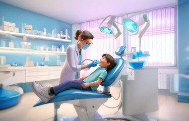 Obraz premium A female dentist wearing a face mask and gloves is examining a child's teeth in a dentist chair.