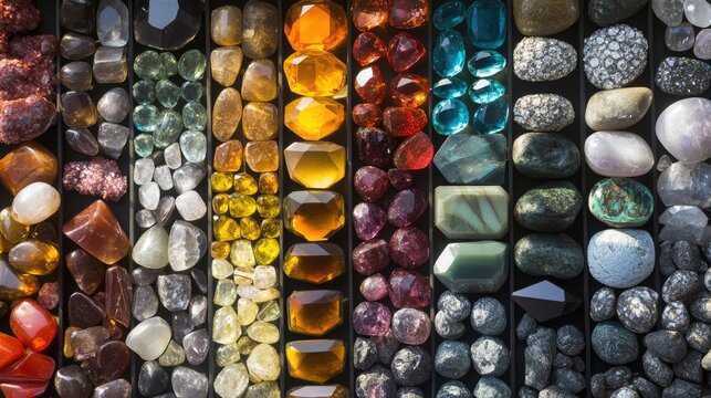 An assortment of cut and polished gemstones, each carefully placed in rows, ranging from diamonds to rare colored stones.