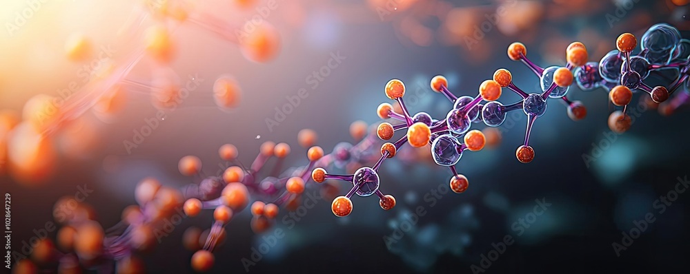 Poster abstract molecular structure with colorful atoms on a blurred background.