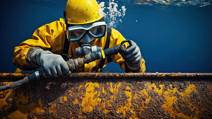 Underwater technician working on rusty ship hull, removing corrosion