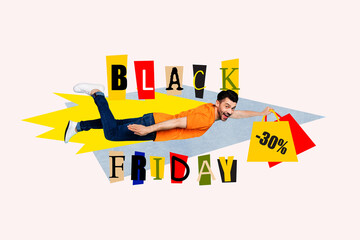 Sketch image composite artwork collage of sale black friday banner buy brand shopper offer young man superman fly hero hold bag percent