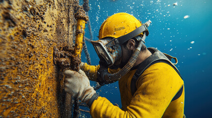 Diver removing rust and corrosion from ships hull underwater