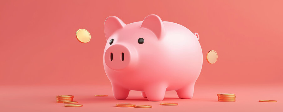 Cute pink piggy bank with coins on a soft pink background, symbolizing saving and financial planning.