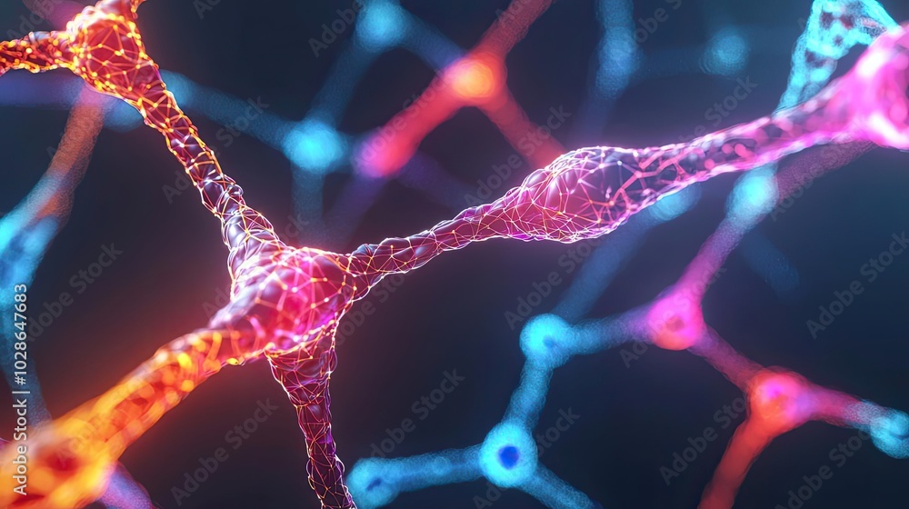 Poster colorful neural network representation on a dark background.