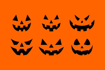 Happy Halloween collection pumpkins. Pumpkins isolated. Main symbol of Happy Halloween holiday. Collection orange pumpkins with scary, spooky smile Halloween. Vector illustration. Pumpkin Face