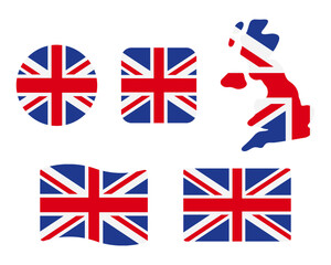 Great Britain flag illustration set. London symbol.English language sign. Round, square, waving rectangle and British map shape vector banner.