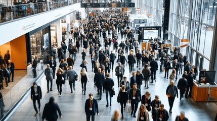 Large crowd of people walking through a busy trade fair or exhibition hall with booths and signage, under natural daylight from large windows.