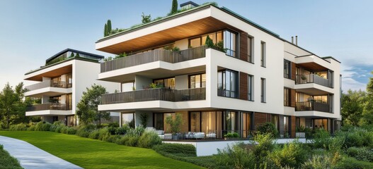 Fototapeta premium Contemporary white apartment buildings with green landscaping and wooden accents under a clear sky.