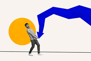 Composite photo collage of silly businessman hold arrow decline down bankrupt concept recession...