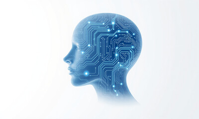 A futuristic digital representation of an artificial intelligence head with glowing neural connections and circuits on a white background