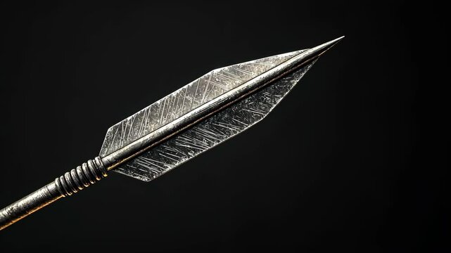 A close-up view of a metal arrowhead with a black background