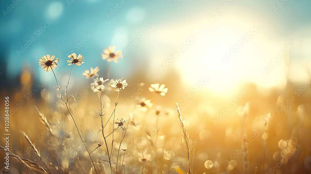 Poster A serene field of flowers illuminated by warm sunlight.