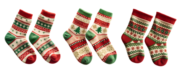 Christmas Pattern Socks Set for Festive Holiday Season Wear, Isolated on White Transparent Background, PNG Element