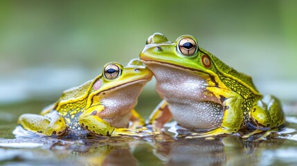 Obraz premium Two green frogs embracing in a serene natural setting.