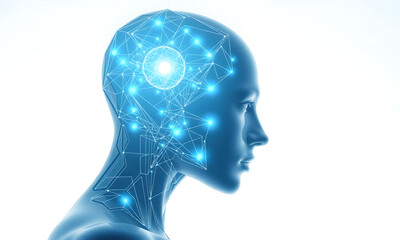 Obraz premium A futuristic digital model depicting an artificial intelligence head with a glowing circular interface and neural connections