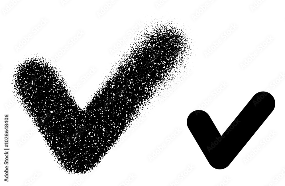 Poster vector illustration of a checkmark symbol with stippling texture, creating a dotted effect, perfect 